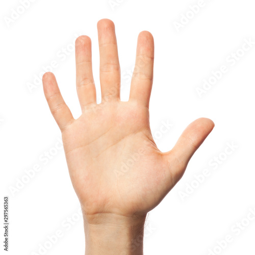 Finger spelling number 5 in American Sign Language on white background. ASL concept