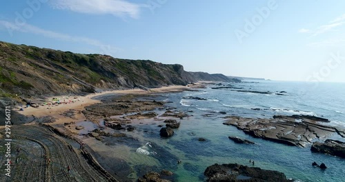 Aerial view of the Carreagem Beach and the rock formations at the in Aljezur, Algarve;  photo