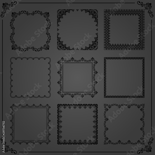 Vintage set of horizontal, square and round elements. Different elements for design, frames, cards, menus, backgrounds and monograms. Classic black patterns. Set of vintage patterns