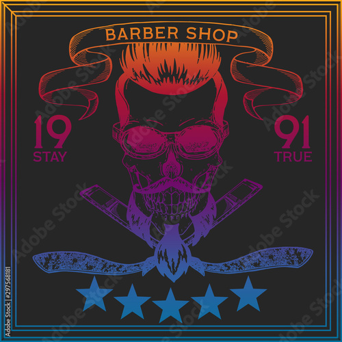 Vector illustration. Vintage, hipster skull barber shop logo in old, neon style.