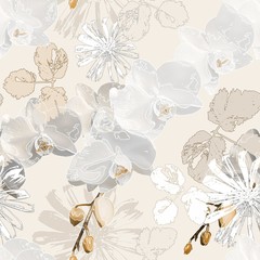 Papier peint photo Style vintage patrons Orchidées grises et marguerites rose pâle  © Яна Титова