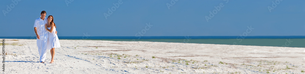 Romantic Man Woman Couple Walking on A Beach Panorama Web Banner