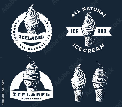 Set of ice cream logo, emblems and badges isolated on dark blue background.