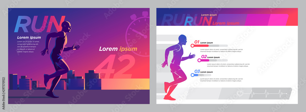 Vector image silhouette of a runner on the background of the evening city marathon template set - obrazy, fototapety, plakaty 