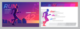 Vector image silhouette of a runner on the background of the evening city marathon template set