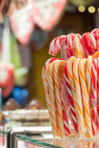 Candy Canes for Christmas decoration. Christmas market Christmas concept.