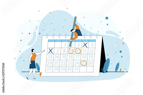 Little man and woman checking date in month calendar. Business planning timetable concept vector illustration for web landing page and mobile apps