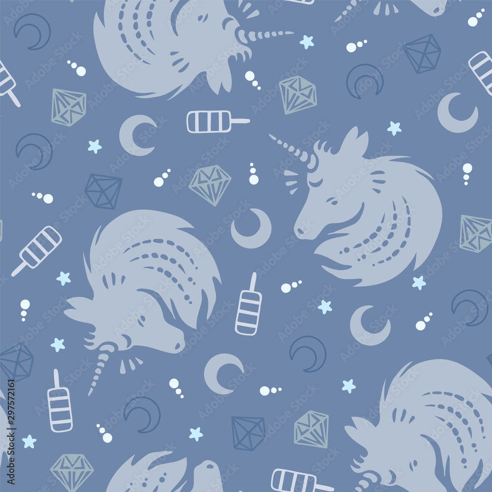 Magic design hand drawing seamless pattern with unicorn, moon, stars, ice cream and diamonds in blue colors. Vector illustration background.