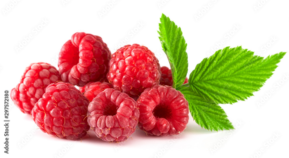ripe raspberries with green leaf isolated on white background macro ripe raspberries with green leaf isolated on white background macro