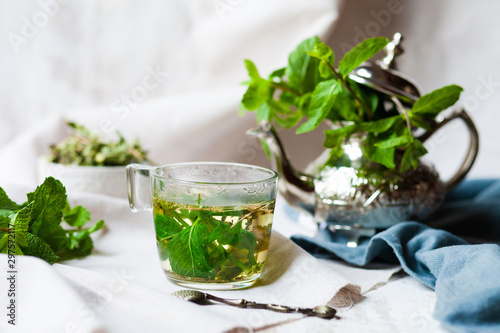 Traditional hot mint moroccan tea served in a transparent cup. Metal teapot with fresh mint on the background. Dry leaves and vintage spoon as decor. Gentle herbal detox, natural depressant