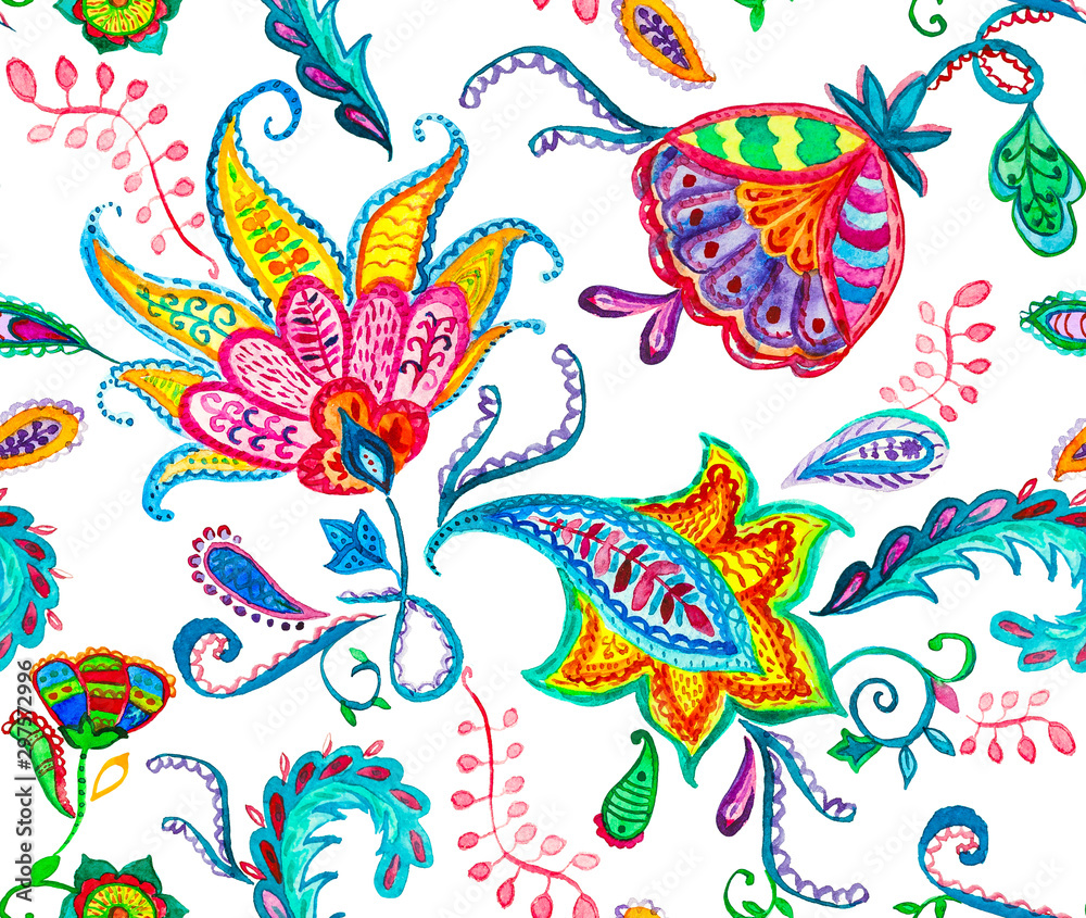 Hand drawn watercolor whimsical flower seamless pattern (tiling). Colorful seamless pattern with flowers, paisley, leaves. Isolated objects on a white background. Perfect for cover design, textile.