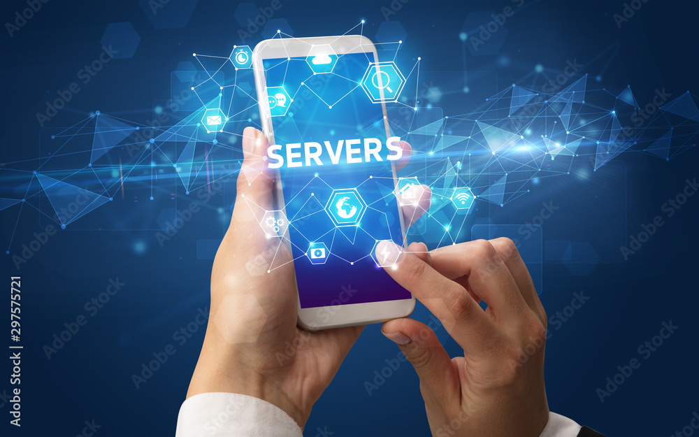 Female hand holding smartphone with SERVERS inscription, modern technology concept Female hand holding smartphone with SERVERS inscription, modern technology concept