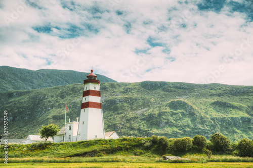 Alnesgard, Godoya, Norway. Old Alnes Lighthouse In Summer Day In Godoy Island Near Alesund Town. Alnes Fyr photo