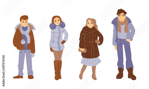 Handsome young guys with beautiful girls models in winter warm casual modern fashion clothes isolated