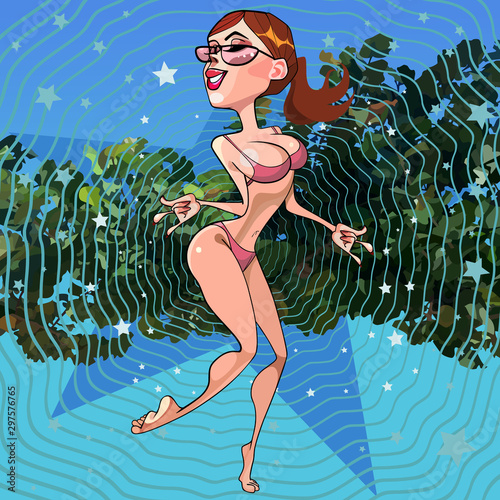 cartoon woman in a swimsuit dancing with pleasure on an abstract summer background