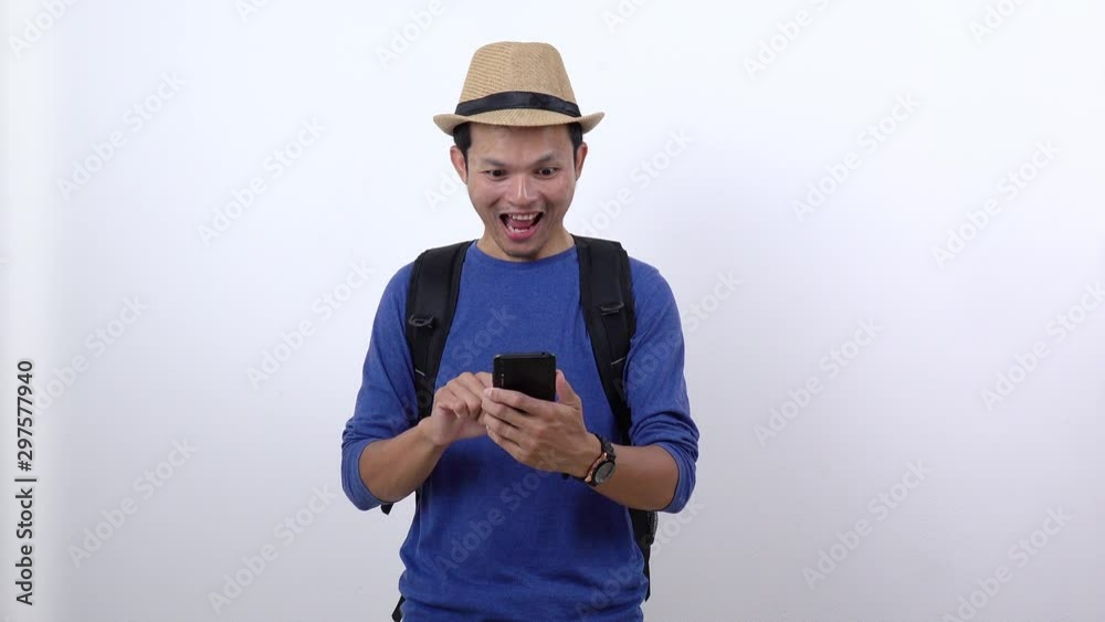 Asian Thai tourist checking a promotion with smart phone and action on white background Asian Thai tourist checking a promotion with smart phone and action on white background