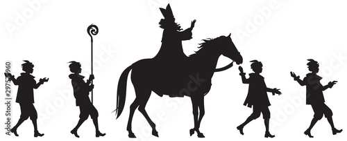 Sinterklaas Parade, Heilige Nikolaus on his horse and Zwarte Piets vector Silhouettes, Sinterklaas Festival winter holiday, Saint Nicholas surrounded by his black Petes vector Silhouettes