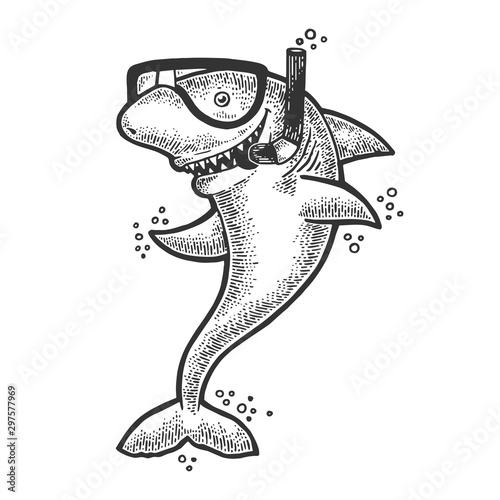 Cartoon shark with diving mask and snorkel sketch engraving vector illustration. T-shirt apparel print design. Scratch board style imitation. Black and white hand drawn image.