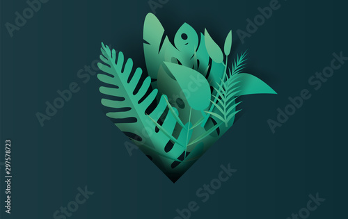 Sale Summer frame banner with on tropical leaf exotic background.Minimal green dark nature simple design for card.Creative design Paper cut and craft style.Template jungle vector illustration EPS10