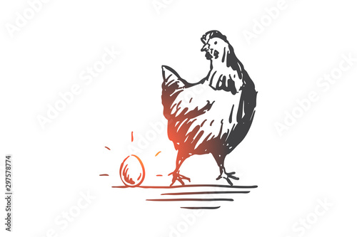 Chicken and egg, livestock, poultry concept sketch. Hand drawn isolated vector