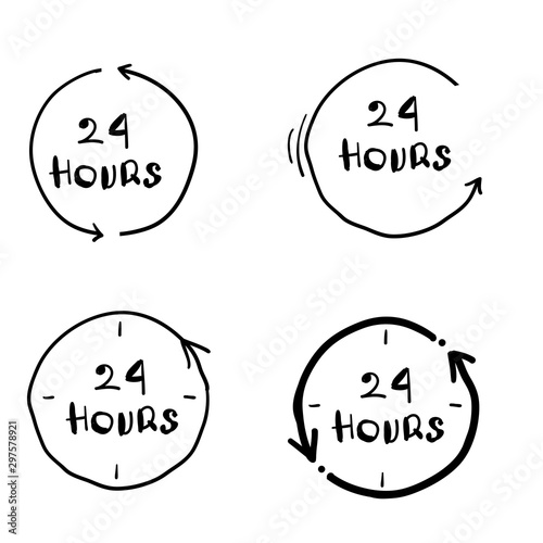24 hours clock sign icon in doodle handdrawn style. Twenty four hour open vector illustration on white isolated