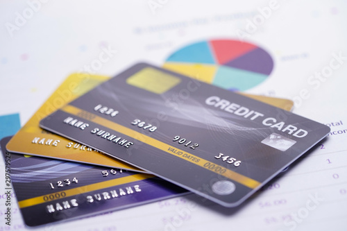 Credit card model with coins and Euro banknotes : Financial development, Accounting, Statistics, Investment Analytic research data economy office Business company banking concept.