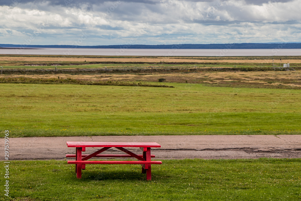 red picnic table at Nova Scotia Provincial Visitor Information Centre red picnic table at Nova Scotia Provincial Visitor Information Centre