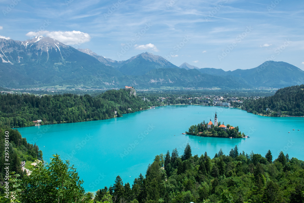 Panoramic views of Lake Bled from Ojstrica in Slovenia