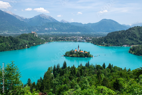 Panoramic views of Lake Bled from Ojstrica in Slovenia