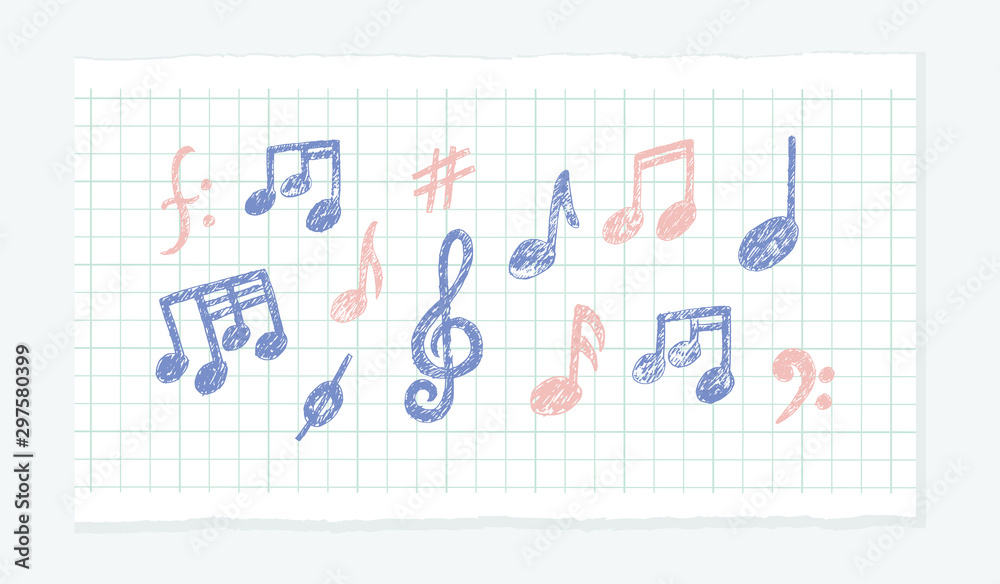 Vector Hand drawn Music Notes icon Set. Sketchy cartoon musician sign in childish doodle style. Pencil drawing. Musical school lessons, stickers, textile print, texture. White copybook. Vector Hand drawn Music Notes icon Set. Sketchy cartoon musician sign in childish doodle style. Pencil drawing. Musical school lessons, stickers, textile print, texture. White copybook.