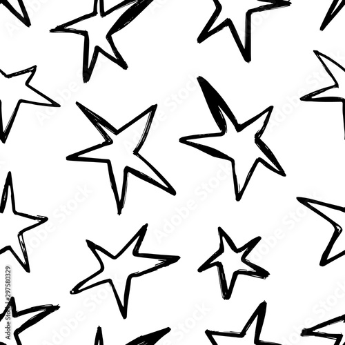 Grunge hand drawn stars seamless pattern. Repetetive pattern in black and white. Perfect for wrapping paper, textile, fabric and backdrops. Vector.