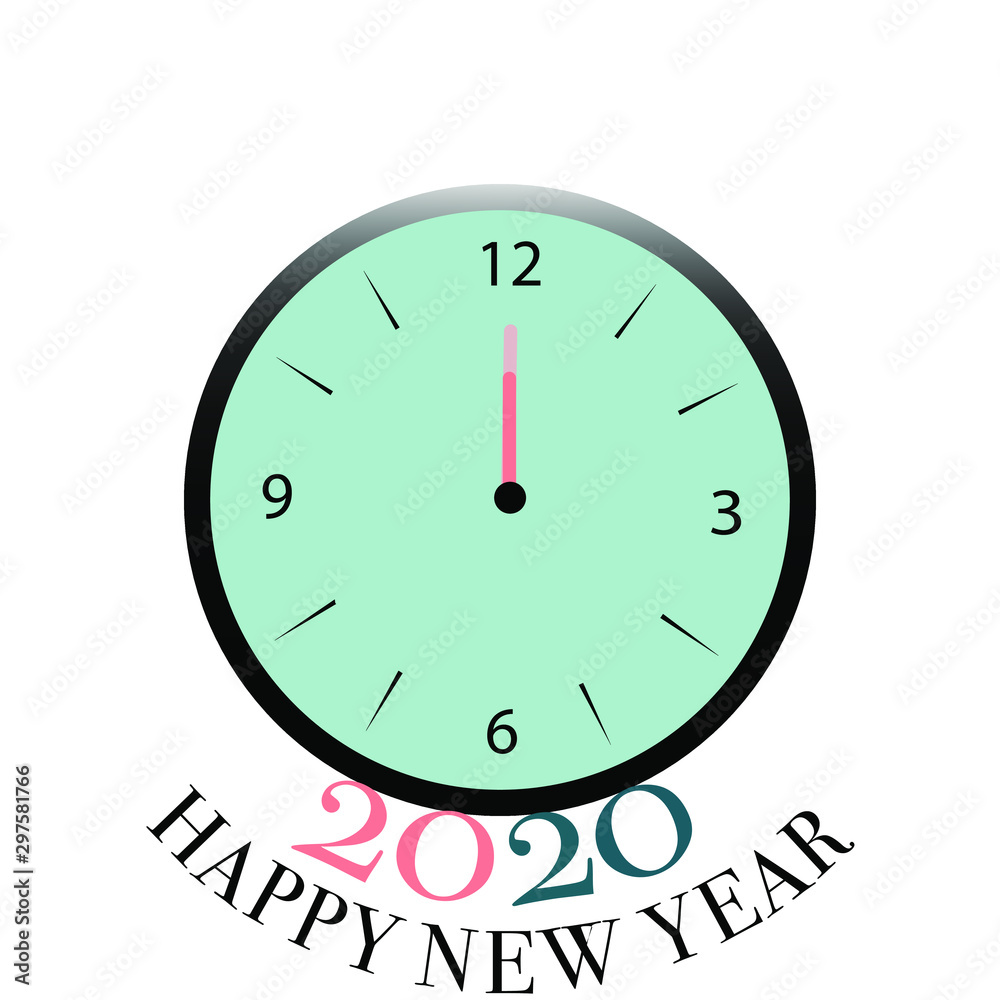 Wall Clock with peach and green colour and year 2020 at right 12 o'clock and Happy New Year Wall Clock with peach and green colour and year 2020 at right 12 o'clock and Happy New Year