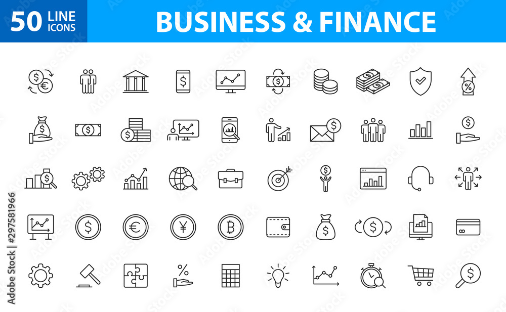 Set of 50 Business and Finance web icons in line style. Money, dollar, infographic, banking. Vector illustration. - obrazy, fototapety, plakaty 