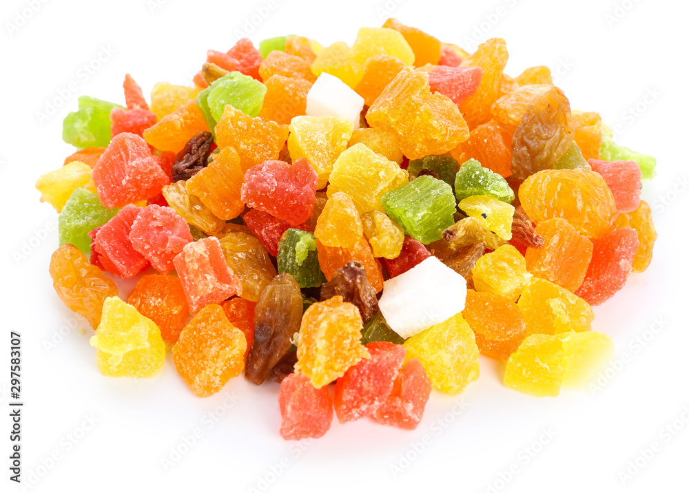 Heap of different candied fruits on white background Heap of different candied fruits on white background