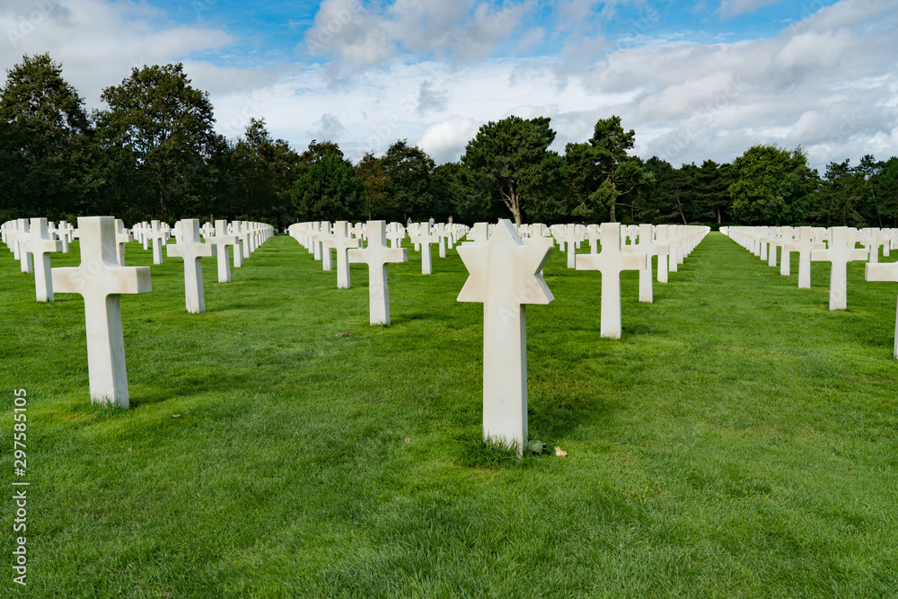 Christian and Jewish headstones in the American Cemetery at Omaha Beach in Normandy