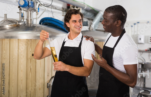 Two brewers controlling quality of beer in flask in brew-house