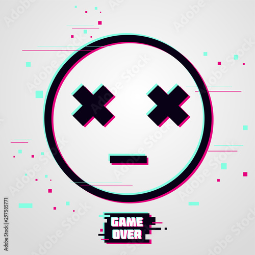 Game over vector background. Emoticon with glitch effect. Cyber gamer poster.