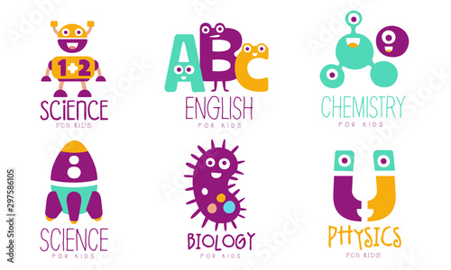 Set of school items logos cartoon vector illustration