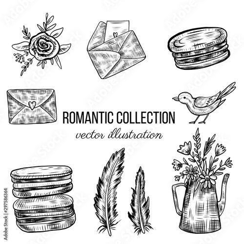 Romantic retro set envelope, watering can with flower, bird, feather, macaroons hand drawn ink sketch, vector illustration isolated on white, decorative vintage for design scrapbook, greeting card