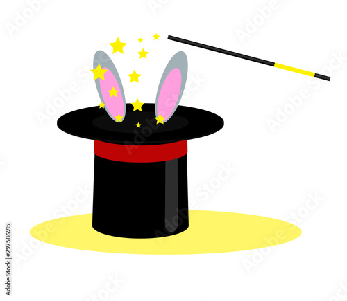 Magician hat and rabbit ears on a white background. Vector illustration.