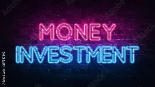 money investment neon sign. purple and blue glow. neon text. Brick wall lit by neon lamps. Night lighting on the wall. 3d illustration. Trendy Design. light banner, bright advertisement