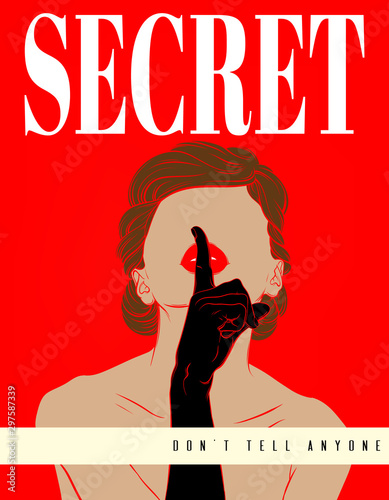 Vector hand drawn illustration of girl holding  the index finger at the mouth isolated. Creative artowrk.  Template for card, poster, banner, print for t-shirt, pin, badge, patch.