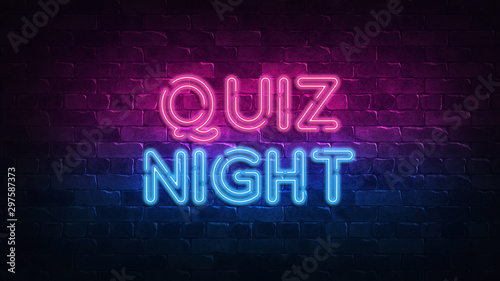 Quiz Night neon sign. purple and blue glow. neon text. Brick wall lit by neon lamps. Night lighting on the wall. 3d illustration. Trendy Design. light banner, bright advertisement photo