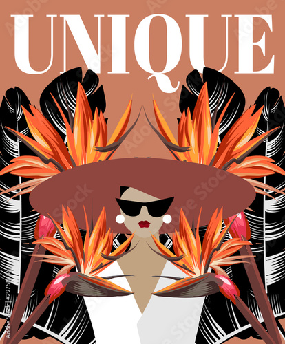 Unique. Vector hand drawn illustration of frenchwoman in broad-brim with tropical leaves.  Creative artwork. Template for card, poster, banner, print for t-shirt, pin, badge, patch. photo