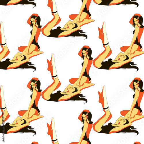 Vector colorful  pattern with hand drawn illustration of girls in swimsuit and knee socks isolated. Template for card, poster. banner, print for t-shirt, pin, badge, patch.