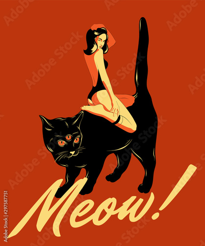 Vector hand drawn illustration of  girl  and knee socks sitting on the black cat with three eyes. Creative tattoo artwork. Template for card, poster, banner, print for t-shirt, pin, badge, patch.
