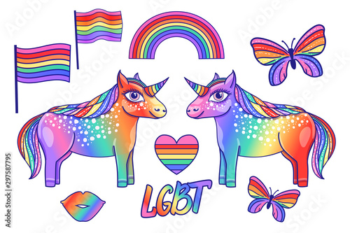 Fototapeta Naklejka Na Ścianę i Meble -  LGBT Couple unicorn hand drawn with raibow flag, heart, butterfly.