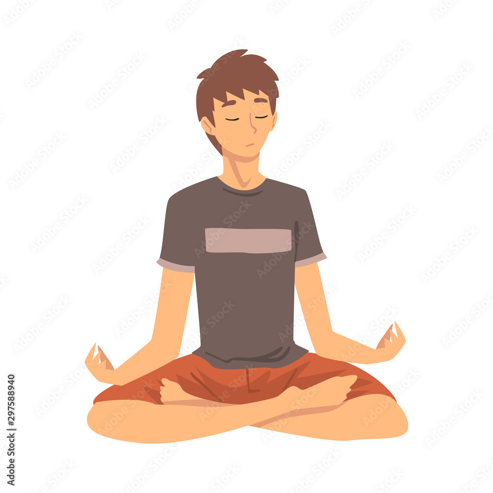 Man safe the balance with meditation, relaxation cartoon vector illustration