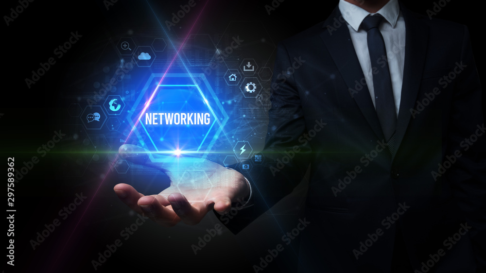 Man hand holding NETWORKING inscription, social media concept