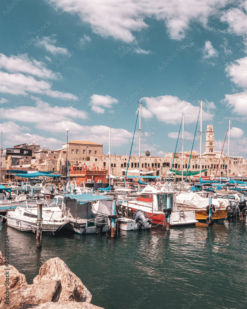 boats at the ancient port of acre (akko), israel